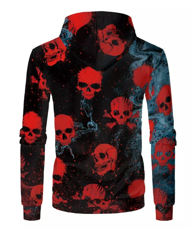 Faux Bleached Blank Hoodies- Black with Red Skulls